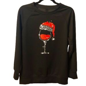 NWOT Christmas Santa Hat Wine Glass Pullover Top Black Size M